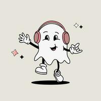 positivo fantasma bailando en auriculares, maravilloso Víspera de Todos los Santos fantasma mascota en Clásico estilo vector