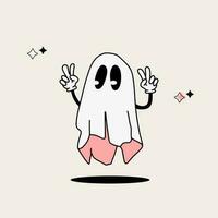 maravilloso blanco sábana fantasma, paz firmar mano, Clásico Víspera de Todos los Santos fantasma personaje, linda Víspera de Todos los Santos vector