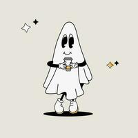 Adorable white sheet ghost character with coffee cup in vintage style, Halloween groovy mascot vector