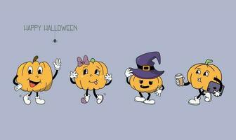 Funny pumpkin mascots, pumpkins groovy characters, cute Halloween set, funny vegetables in retro style vector