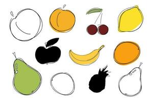 Fruits and citrus. Drawing set, coloring book Vector linear illustration. Pattern for a poster, postcard or textile.