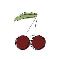 Cherry. Line drawing of red cherry with green leaf. minimalistic line art with with accent spots. Colored doodles on a white background. vector