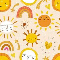 Vector hand-drawn color seamless pattern with cute smiling sun. Cute simple print. Childish repeating texture. Ideal for fabric, wallpaper, textiles, baby clothes, wrapping paper.