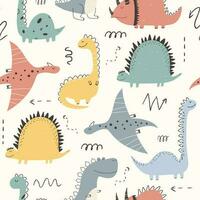 Vector hand-drawn seamless childish pattern with cute dinosaurs. Kids texture for fabric, wrapping, textile, wallpaper, apparel. Dino. Scandinavian style