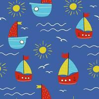 Vector handdrawn color seamless repeating childish simple pattern with cute ships in Scandinavian style on a blue background. Childrens pattern with ships. Sea print. Submarine.