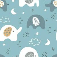 Vector hand-drawn colored childish seamless repeating simple flat pattern with elephants, moon and clouds in Scandinavian style on a white background. Cute baby animals. Pattern for kids.