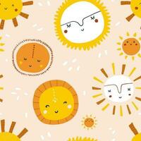 Vector hand-drawn color seamless pattern with cute smiling sun. Cute simple print. Childish repeating texture. Ideal for fabric, wallpaper, textiles, baby clothes, wrapping paper.