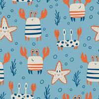 Colorful seamless pattern with funny starfish, crabs and algae. Background with cute inhabitants of the sea and ocean. Flat vector illustration.