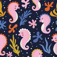 Colorful seamless pattern with funny seahorses, corals and algae. Background with cute inhabitants of the sea and ocean. Flat vector illustration.