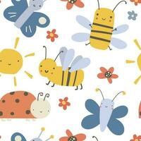 Colorful seamless pattern with funny bees, butterflies and clouds. Background with cute childrens drawings. Flat vector illustration.