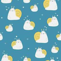 Vector hand-drawn color seamless repeating childish simple pattern with cute snails, in Scandinavian style on a blue background. Childrens pattern with snails. Cute baby animals.