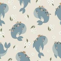 Pattern for kids with whales. Vector hand-drawn colored childish seamless repeating simple doodle pattern with whales in scandinavian style. Cute baby animals. Kids design.