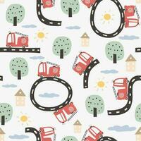 Cute seamless pattern with roads and transport. Cartoon illustration in childish hand-drawn scandinavian style. For nursery room, textile, wallpaper, packaging, clothing, etc. vector