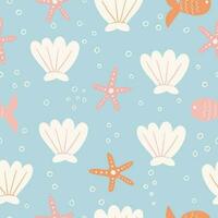 Seamless sea pattern with seashells, corals and starfish. Repeating background with sea shells, clams, clam print. Color vector illustration