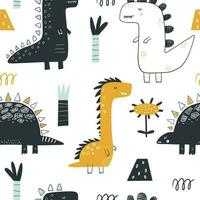 Vector hand-drawn seamless childish pattern with cute dinosaurs. Kids texture for fabric, wrapping, textile, wallpaper, apparel. Dino. Scandinavian style