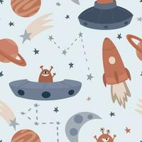 Vector hand-drawn seamless repeating color simple flat pattern with different rockets, planets and doodles on a white background. Seamless pattern with rockets.