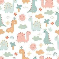 Vector hand-drawn seamless childish pattern with cute dinosaurs. Kids texture for fabric, wrapping, textile, wallpaper, apparel. Dino. Scandinavian style