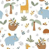 Vector hand drawn seamless pattern with cute african animals isolated on white background. Giraffe, sloth, rhinoceros. Childish texture for fabric, wrapping, textile, wallpaper. Scandinavian design.