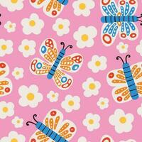 Cute butterflies seamless pattern. Flying insects vector flat illustration. Beautiful hand drawn butterfly wallpaper template. Decorative colorful print