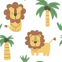 Vector color hand-drawn seamless repeating childish cute pattern with lions in Scandinavian style on a white background. Childish pattern with cute animals. Wild cat.