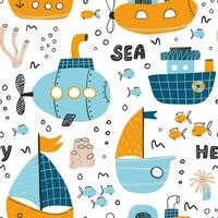 Vector hand-drawn color seamless repeating childish simple pattern with cute ships in Scandinavian style on a white background. Childrens pattern with ships. Sea print. Submarine.