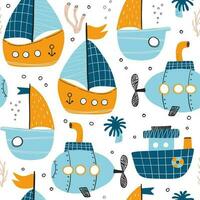 Vector hand-drawn color seamless repeating childish simple pattern with cute ships in Scandinavian style on a white background. Childrens pattern with ships. Sea print. Submarine.