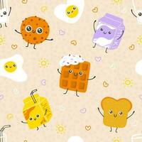 Cute pattern with breakfast characters. Cookie, waffle, milk and juice. Colorful pattern for baby clothes, bedding and more. Childish texture for fabric, wrapping, textile, wallpaper. vector