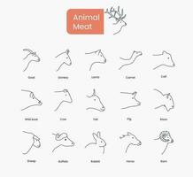 Types of head animal meat, linear icon in vector. vector