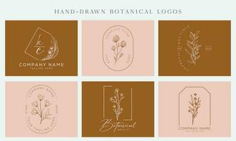 Botanical Floral element Vector Trendy Hand Drawn Logo with Wild Flower and Leaves. Logo for spa and beauty salon, boutique, organic shop, wedding, floral designer, interior, photography, cosmetic.