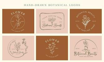 Botanical Floral element Vector Trendy Hand Drawn Logo with Wild Flower and Leaves. Logo for spa and beauty salon, boutique, organic shop, wedding, floral designer, interior, photography, cosmetic.