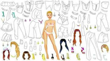 Jumpsuit Design Coloring Paper Doll with Clothes, Hairstyles and Accessories. Vector Illustration