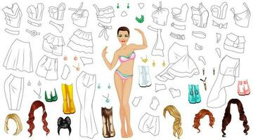 Party Outfit Coloring Page Paper Doll with Clothes, Hairstyles and Accessories. Vector Illustration