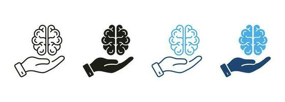 Neurology, Psychology Line and Silhouette Color Icon Set. Human Brain with Hands Pictogram. Education, Logic Analysis, Memory, Mind Symbol Collection on White Background. Isolated Vector Illustration.