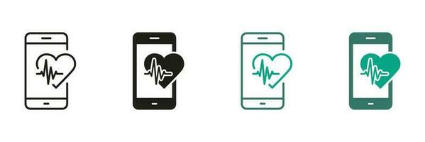 Mobile App for Sport Black and Color Pictogram. Heartbeat Rate in Digital Smart Phone Symbol Collection. Smartphone for Heart Pulse Control Line and Silhouette Icon Set. Isolated Vector Illustration.