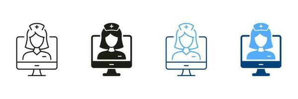 Remote Doctor Pictogram. Telemedicine and Healthcare Black and Color Symbol Collection. Physician Consultation. Video Online Medical Service Line and Silhouette Icon Set. Isolated Vector Illustration.
