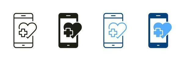 Consultation in Cellphone, Medicine Aid Sign Collection. Mobile Phone Call to Ambulance Pictogram. Emergency Medical Help in Smartphone Line and Silhouette Icon Set. Isolated Vector Illustration.