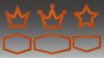 Orange wood vector crown and star sign board frame cartoon icon. Wooden hexagon signboard banner plank with texture for ui menu interface. Retro rustic isolated billboard farm element collection