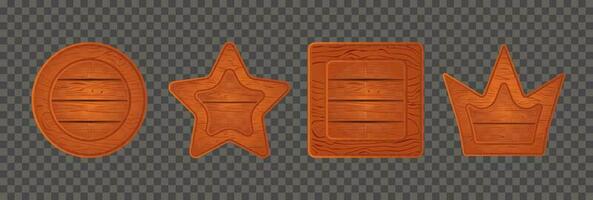 Orange wood game sign board panel cartoon vector frame plank. Wooden texture ui banner crown, star, circle and square button design. Rustic menu interface billboard element kit. User level plaque.