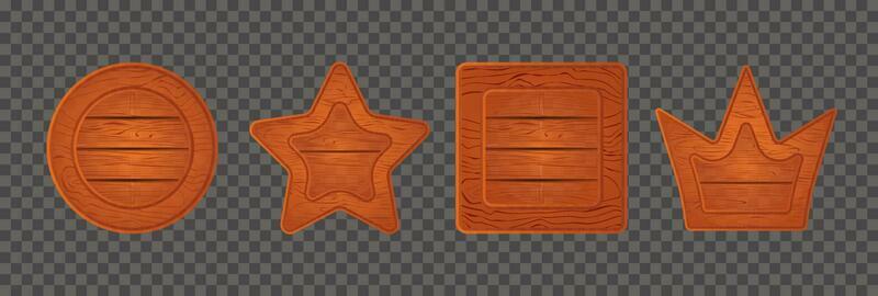 Orange wood game sign board panel cartoon vector frame plank. Wooden texture ui banner crown, star, circle and square button design. Rustic menu interface billboard element kit. User level plaque.