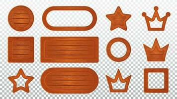 Wooden sign board cartoon vector. Orange wood texture game signboard frame icon design. Rustic crown, star, oval, circle and square shape menu plaque illustration set. Maple farm label template. vector
