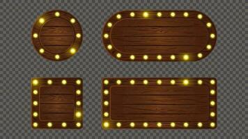 Wooden retro light sign board game banner vector. Cartoon oval plank frame with led neon lit. Wood texture signboard ui button. Timber notification message panel set. vector