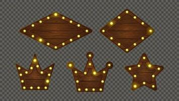 Wood crown light bulb sign board vector retro frame. Wood star game plank banner with led lit. Neon game ui signboard with timber texture. Message interface plate.
