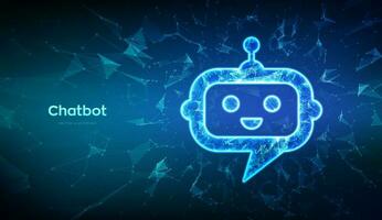 Chatbot. Low poly abstract robot Chat head icon. Speech bubble message symbol. Dialogue cloud. Chatbot assistant application sign. AI concept. 3D polygonal vector illustration.