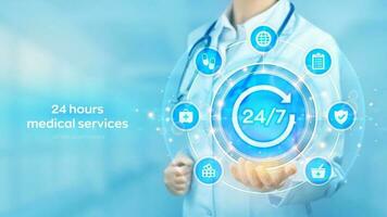 24 hours medical servises. 24-7 Medical call center. Emergency patient support. First aid. Doctor holding in hand 24x7 sign and medicine icons network connection on virtual screen. Vector illustration