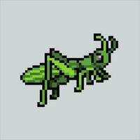 pixel art grasshopper. Grasshopper insect pixelated design for logo, web, mobile app, badges and patches. Video game sprite. 8-bit. Isolated vector illustration.