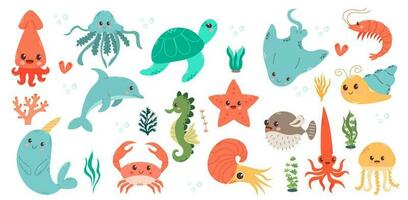 Set with hand drawn sea life elements. Vector doodle cartoon set of marine life objects for your design.  Sea life. Cute whale, squid, octopus, stingray, jellyfish, fish, crab, seahorse.