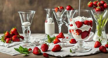 strawberries with cream in a beautiful glass. ai generation photo