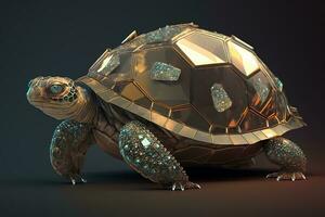 Golden Tortoise with diamond paws and precious stones on the shell. ai generation photo