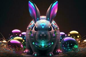 Diamond Easter neon bunny with bright colorful eggs around. ai generation photo