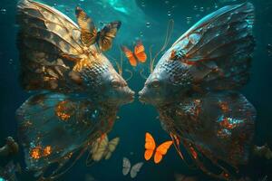 Butterflies in love under water with mystical shapes kiss. ai generation photo